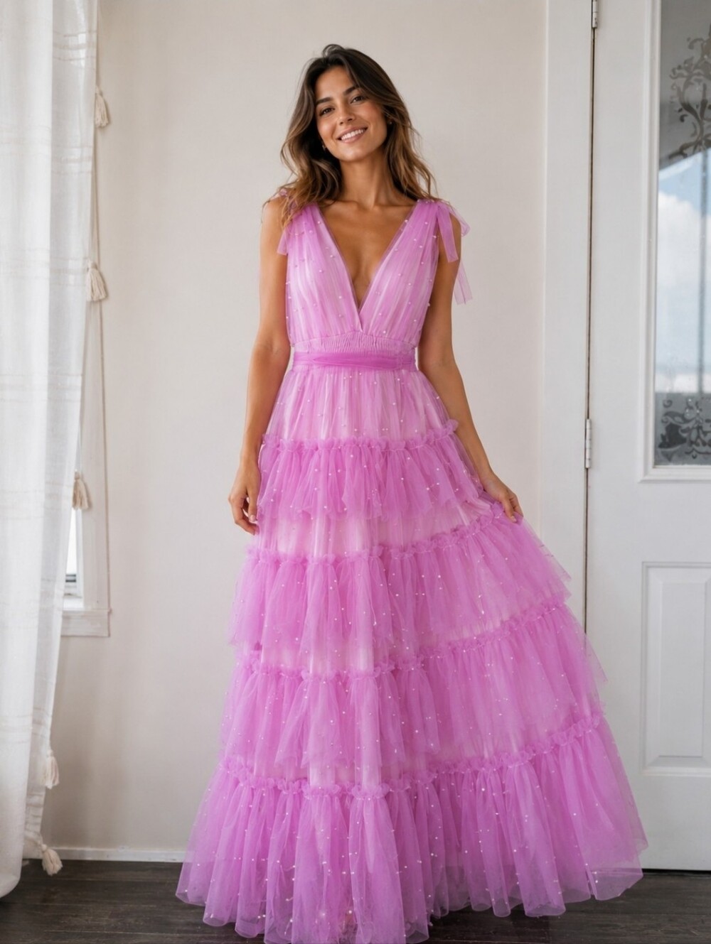 Mable Pink Tiered Tulle Pearl Detail Maxi Sleeveless Dress